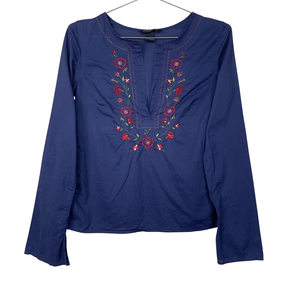 Y2K Abercrombie & Fitch Blouse Floral Embroidered Boho Small Blue Long Sleeve